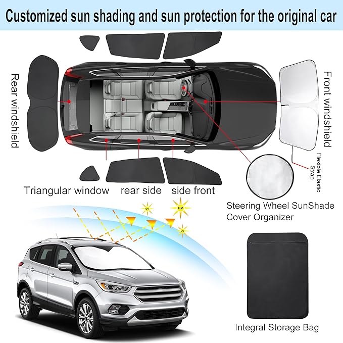 8PCS Windshield Sun Shade Custom Fit for 2013-2019 Ford Escape Accessories Foldable Sunshade Side Rear Window Shade Cover Full Set Privacy Protection Keeps Car Cool