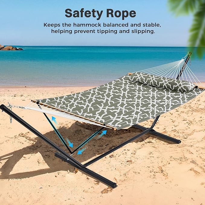 SUPERJARE Hammock with Stand, 2 Person Quilted Outdoor Hammock, Detachable Pillow & Bamboo Spreaders, Portable with Carrying Bag, Heavy Duty Stand, Perfect for Outside, Patio, Grey with White Flower