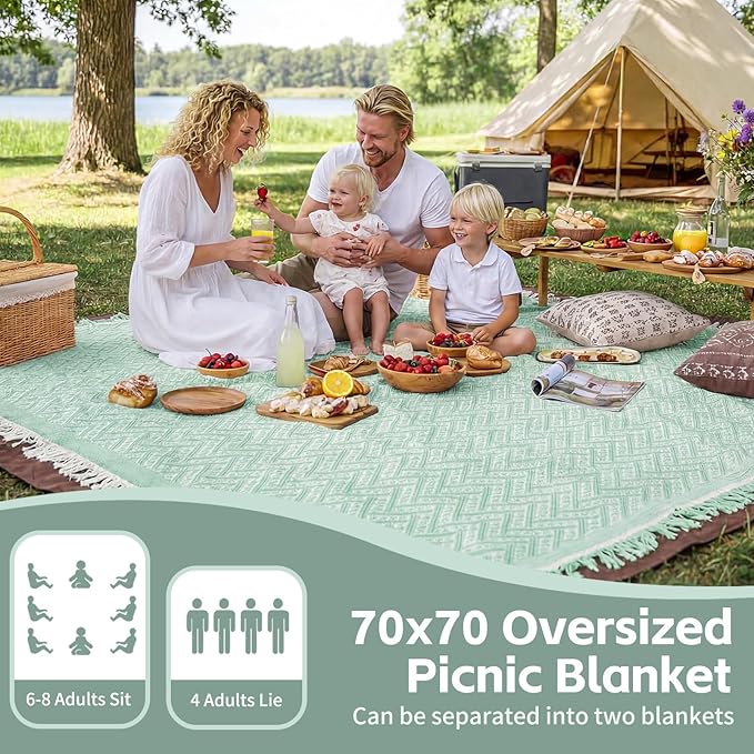 2 in 1 Extra Large Outdoor Picnic Mat Woven Summer Throw Blanket Boho Giant Beach Travel Essential Yoga Accessories Park Patio Lawn Garden Grass Ground Play Music Festival Concert Must Have