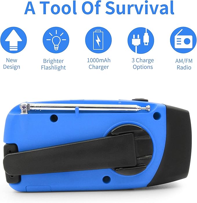 Emergency Hand Crank Radio with LED Flashlight for Emergency, AM/FM Portable Weather Radio with 2000mAh Power Bank Phone Charger, USB Charged & Solar Power for Camping, Emergency(Blue)