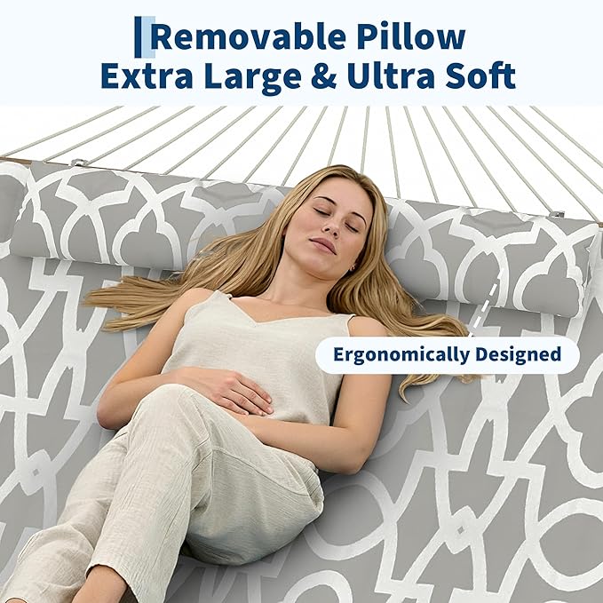 2 Person 12FT Hammocks for Outside, Double Quilted Fabric Outdoor Hammock with Spreader Bar, Large Removable Pillow, Storage Pockets, Carabiners, Max 450 Lbs Capacity