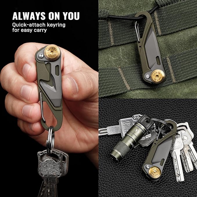 TACRAY Vinto 5-in-1 Small Pocket Knife – Ultra-Light Compact Multitool with Utility Knife, Seatbelt Cutter, Bottle Opener, Flathead Screwdriver & Keyring Attachment for Everyday Carry (Green)