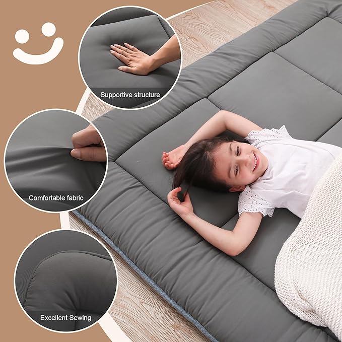 WhatsBedding Japanese Floor Mattress Futon Mattress 3" Grey Tatami Mat Shredded Memory Foam Filled Sleeping Pad, Foldable & Portable Roll Up Lounger Camping Bed,39"x 80" Twin Size