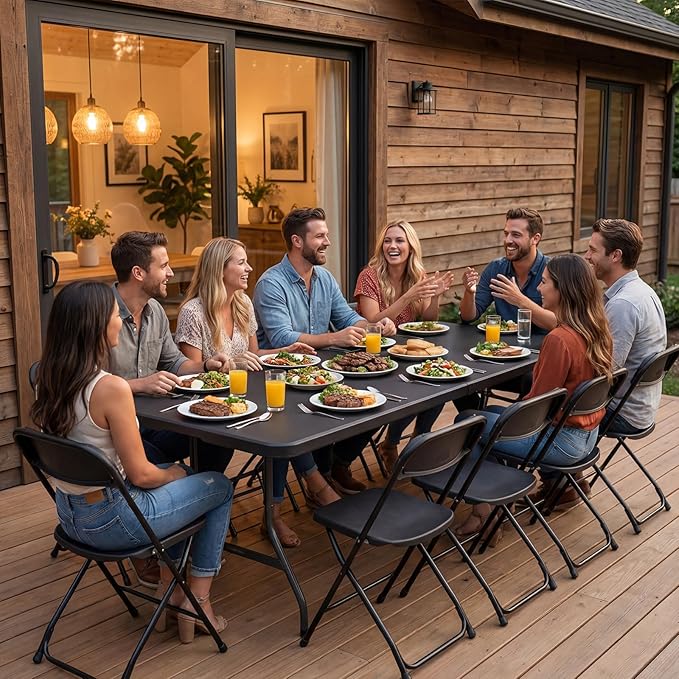 Folding Table, 8FT Foldable Picnic Table with Carrying Handle, Heavy Duty Fold-in-Half Portable Table for Weddings, Camping, RV Travel, Parties, BBQs, and Indoor Use, Easy to Fold and Store