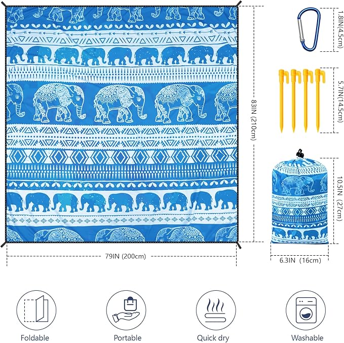 HIHOHO Beach Blanket Waterproof Sandproof Beach Mat for 1-8 Adults Quick Drying Durable Outdoor Picnic Mat for Beach Festival Travel Camping Hiking (Elephant-GC BL, 79"×83"(4 Person))