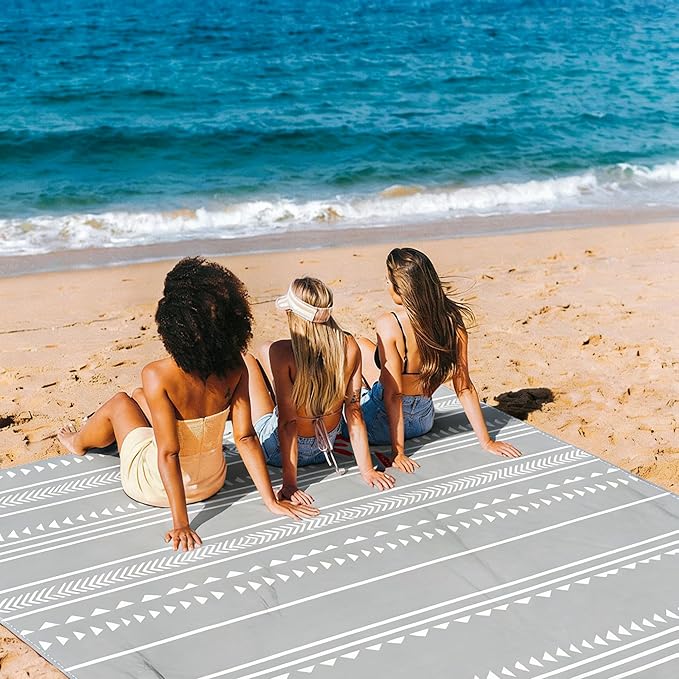 Beach Blanket Waterproof Sandproof, 9x10 FT Extra Large Beach Mat for 2-8 Adult with Stakes & Storage Bag, Sand Free Lightweight Outdoor Picnic Blankets for Travel, Camping, Hiking-Gray Geometry