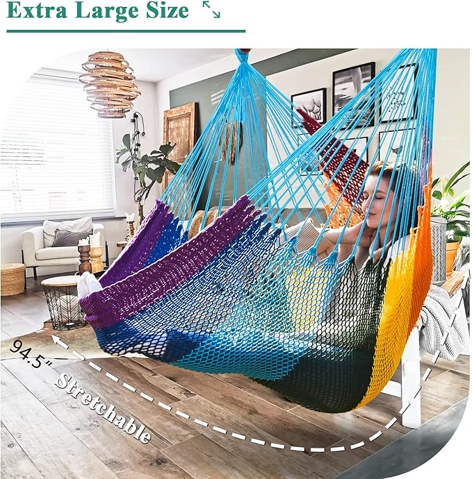 Upgraded Caribbean Hammock Chair with Detachable Metal Bar, Large Hammock Swing Chair, XL Rope Hanging Chair for Outdoor Indoor, 330 LBS Weight Capacity, HawaiiRainbow