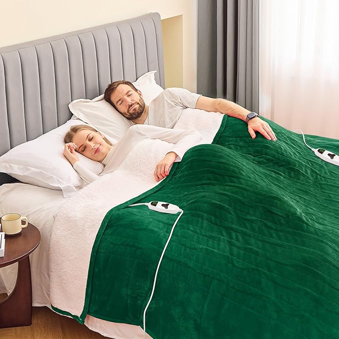 greenoak Heated Blanket Electric Queen Size 84"X90" Dual Control, Heating Blanket with 10 Levels 1/2/4/6/8 Hours Auto-Off Overheat Protection, Soft Sherpa Warm,ETL Certified Emerald Green
