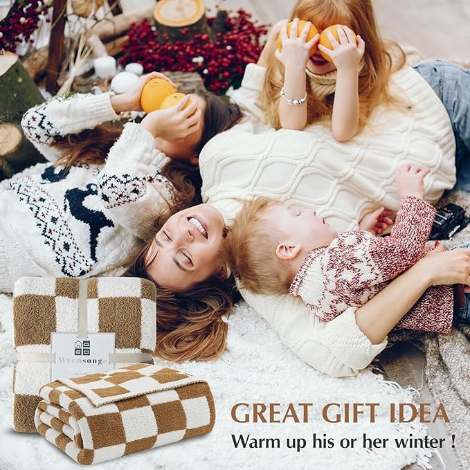 WRENSONGE Fall Checkered Throw Blanket, Burnt Orange Soft Cozy Fluffy Warm Hand Made Throw Blankets for Couch, Sofa, Chair, Bed, Camping, Picnic, Travel Lightweight Bed Blanket - 50"*70"