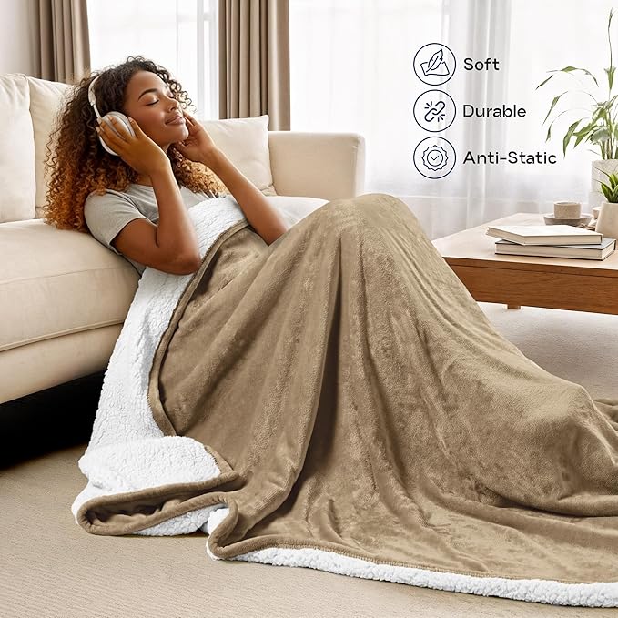 Utopia Bedding Sherpa Blanket California King Size (Camel, 102x96 Inches) - Soft Lightweight Plush Fleece Reversible Blanket for Bed, Sofa, Couch, Camping and Travel