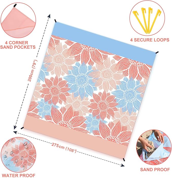 HIHOHO Beach Blanket Waterproof Sandproof Extra Large Beach Mat 79" X 83"/120"x108"for 1-8 Adults Quick Drying Durable Outdoor Picnic Mat for Beach Travel Camping Hiking