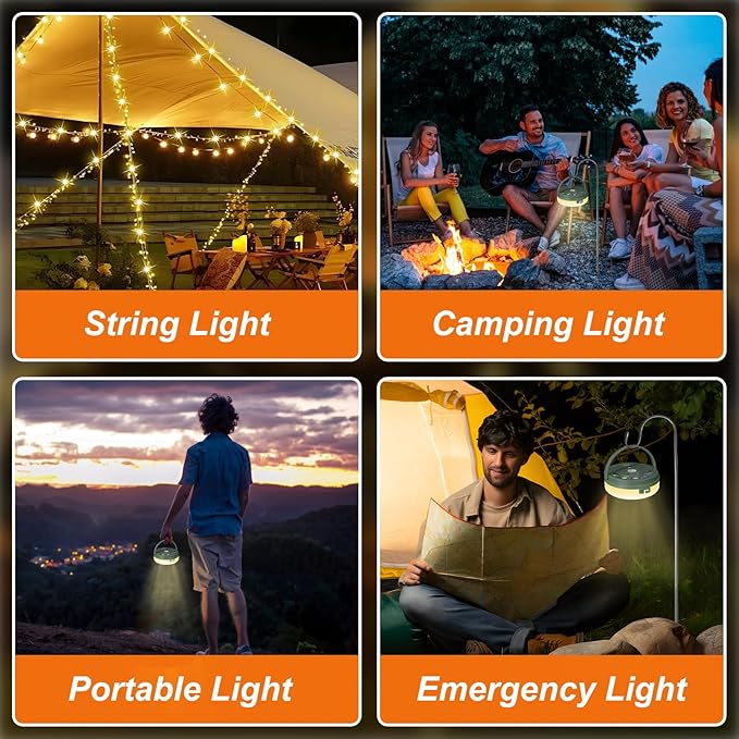 HELESIN Camping Light USB Rechargeable Waterproof Portable Stowable String Light, 4 in 1 Camping String Lights Outdoor with 8 Modes Tent Lights for Camping, Hiking, Yard, RV (Warm Light)