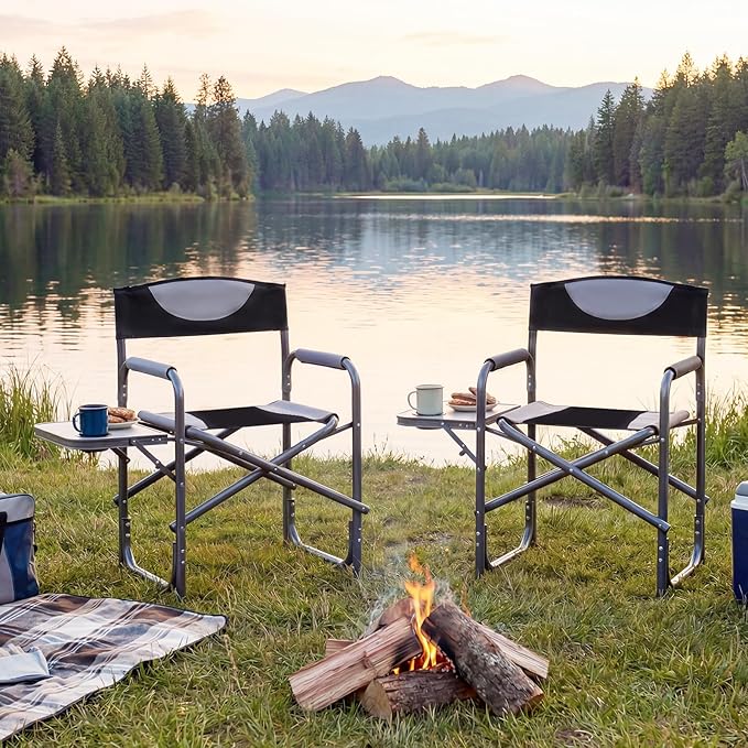 COSTWAY Folding Camping Chair, Lightweight Portable Directors Chair w/Side Table & Cup Holder, Padded Outdoor Heavy Duty Lawn Chair for Fishing, Picnic, Sports, Beach, Max Load 400 lbs (Black,2)