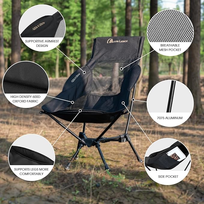 MOON LENCE High Back Folding Camping Chair, 330lbs Portable Compact Chair with Wide Seat & Ergonomic Back Support (Black)