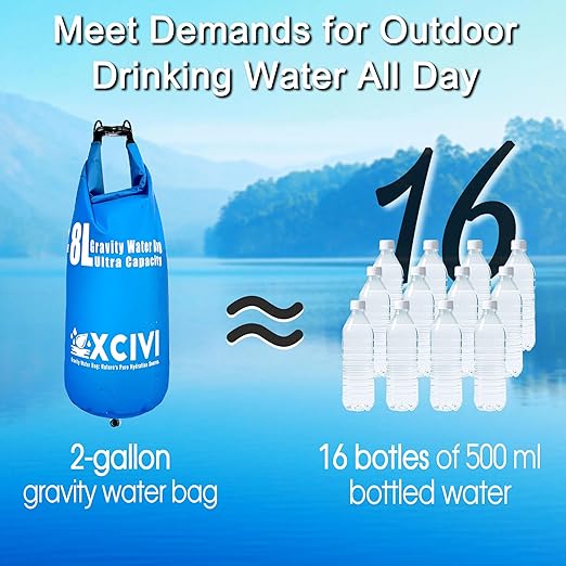 xcivi 8L Gravity Water Bag Compatible with Membrane Solutions Straw and Other Water Filter Straw, 8L Water Bag for Camping, Traveling, Backpacking, Hiking, Foldable & Hangable 2 Gal Bag