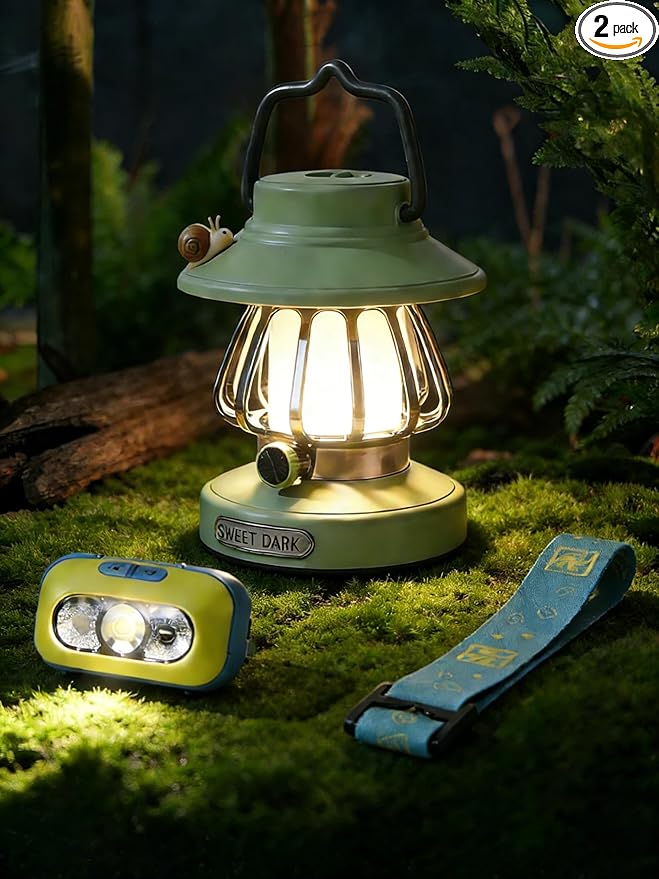 Motion Sensor Headlamp for Kids & Rechargeable Camping Lantern Set - Hands-Free Wave Control, 1200mAh USB-C Charging, 3 Light Modes, Safe for Camping, Emergency - Spring Camping Gear for Kids (Green)