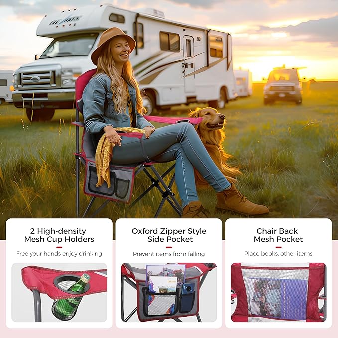 ALPHA CAMP 2PC Oversized Mesh Back Camping Folding Chair Heavy Duty Support 350 LBS Collapsible Steel Frame Quad Chair Padded Arm Chair with Cup Holder Portable for Outdoor (Red-2PC)