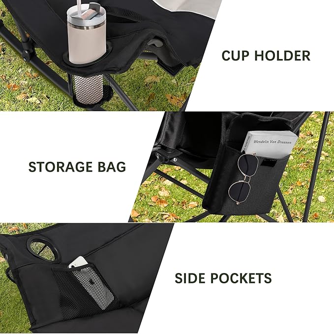 Unisakey Oversized Rocking Camping Chair with Headrest & Cup Holder - 400lbs Capacity, 600D Oxford Fabric, Easy Fold Portable Outdoor Rocker Chair for Camping, Backyard, Beach, Light Gray