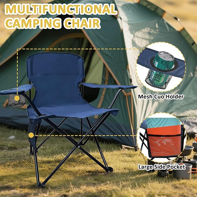 Folding Camping Chair with Cup Holder & Storage Bag, 225lbs Capacity, Large Anti-Sink Feet, Breathable PE Coated Fabric for Outdoor, Hiking, Beach, Fishing, Backpacking, Cyan