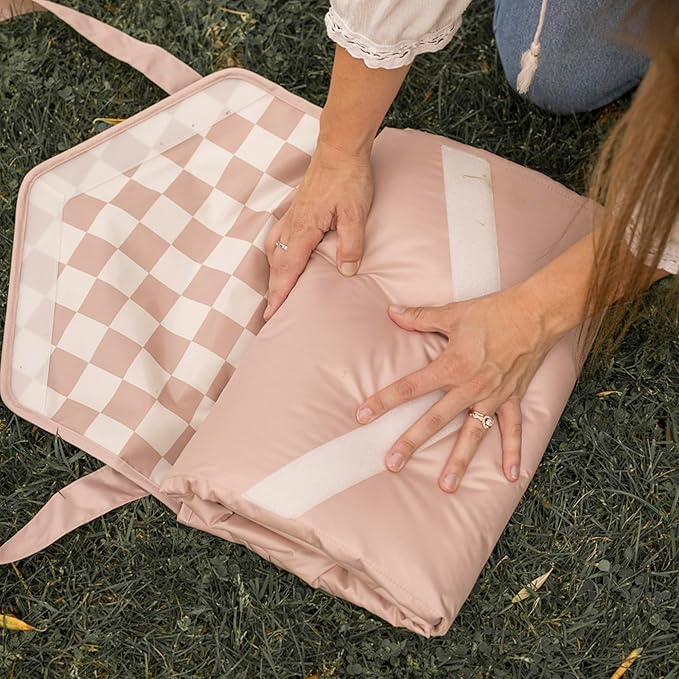 Tiny Twinkle Waterproof Picnic Blanket | 5'x7' 100% Recycled Polyester, Sandproof, Foldable, Portable for Beach, Camping, Travel (Beige Checkers)