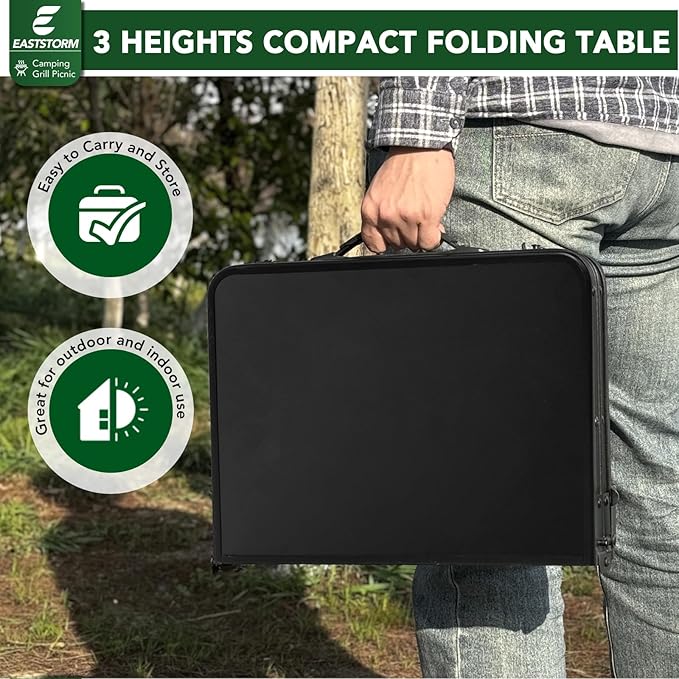 E EASTSTORM Small Metal Folding Table 3 Adjustable Heights, 23.6''×15.7''×27'' Heavy-Duty Portable Picnic Table for Outdoor Camping, Garden, Patio, Grill, BBQ, Party, 2Ft (Small, Black)