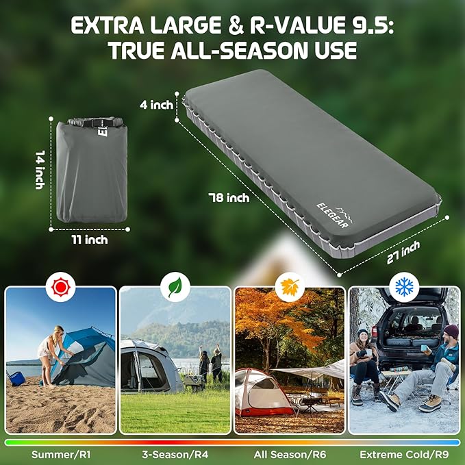 Elegear Air & Foam Self-Inflating Sleeping Pad, CumbreX™ 4" Ultra-Thick Memory Foam Camping Mattress Pad with Air Pump, Compact R-Value 9.5 4-Season Camp Mat for Travel Outdoor - Single Grey