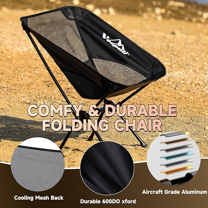 Camping Chairs, Portable Folding Chair ，Camping Gear for Camping, Hiking, Mountaineering, Beach, Picnic & Festival，Gifts for Men ，330 lbs Capacity (Black Twin Pack