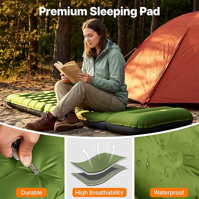 OGERY Sleeping Pad, Ultralight Inflating Sleeping Pad for Camping with Pillow Built-in Foot Pump, 6" Extra-Thick Reinforced Camping Pad for Hiking, Backpacking, Tent, Single,Green