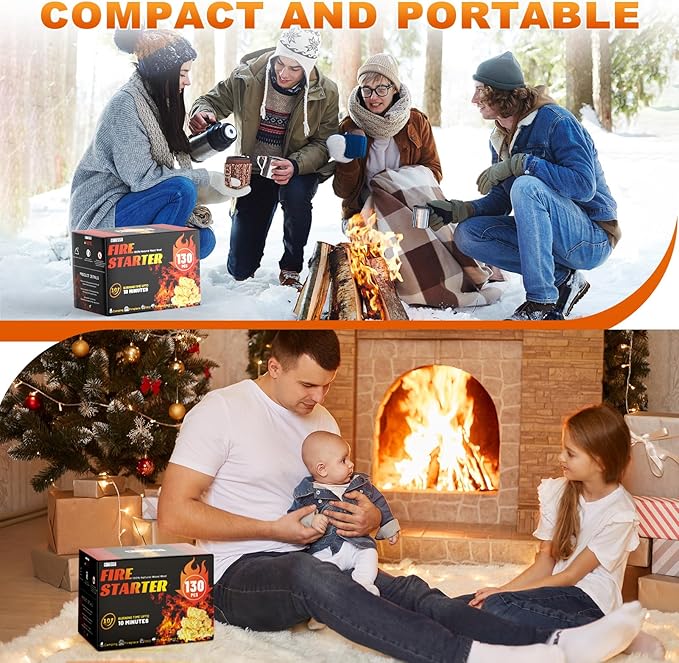130 pcs Fire Starter-All Natural Wood Fire Starters for Fireplace,BBQ,Camping,Grill, Waterproof Quick Ignition Camp Fires tarter Accessories Kit (Indoor/Outdoor Use)
