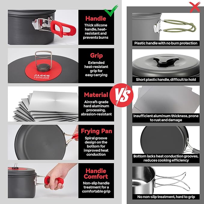 Alocs Camping Cookware Set - Lightweight Camping Cookware Mess Kit - Camping Pots and Pans Set - Camping Cooking Gear with Portable Carry Bag for Outdoor Backpacking Hiking and Picnic