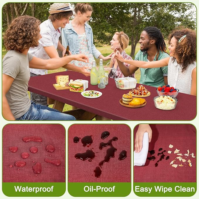 Picnic Table Cover with Bench Covers Portable Table Cloth Built-in Storage Pocket Fitted Tablecloth with Elastic Edges Waterproof Camping Essentials for Indoor Outdoor Rv,72in,Red Texture