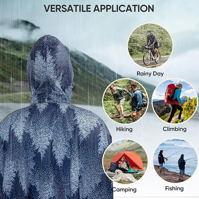 PTEROMY 3-in-1 Hooded Rain Poncho for Adult with Pocket, Waterproof Lightweight Unisex Raincoat for Hiking Camping Emergency