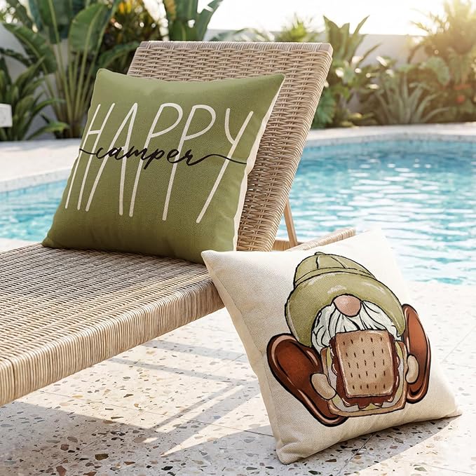 AVOIN colorlife Happy Camper Camping Life Outdoor Waterproof Throw Pillow Covers, 18 x 18 Inch Gnome S'More Campfire Decoration Holiday Cushion Cases for Home Patio Furniture Garden Set of 4