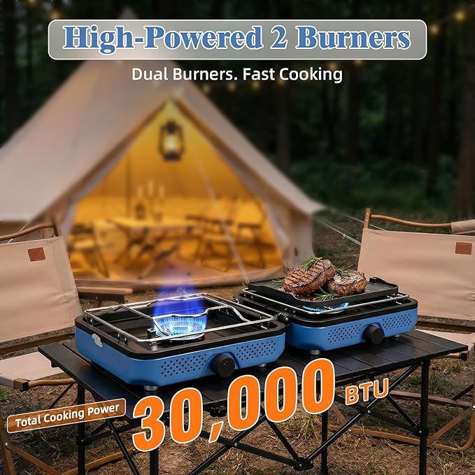 Hisencn 2 Burner Propane Camping Stove, 30000 BTU Foldable Portable Gas Stove with Cookware Set & Carry Bag, Outdoor Cooking for Camping, RV, Emergency Use, Blue
