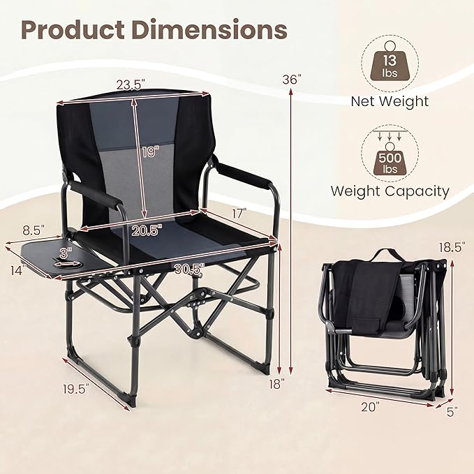 GYMAX Oversized Camping Directors Chair, Portable Folding Camping Chairs for Adults with Table, Heavy-Duty Lawn Chair for Fishing, Picnic, Sports, Beach, Outdoor, Supports 500LBS (Grey)