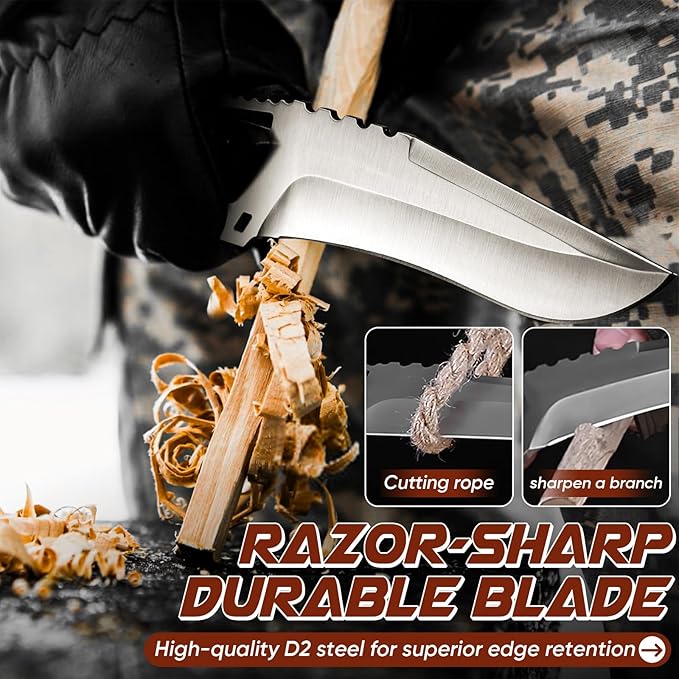 Purple Dragon Outdoor Knife with Kydex Sheath - D2 Steel Survival Knives for Camping, Bushcraft - Ergonomic G10 Handle Outdoor Survival Gear Christmas Gift for Men and Women