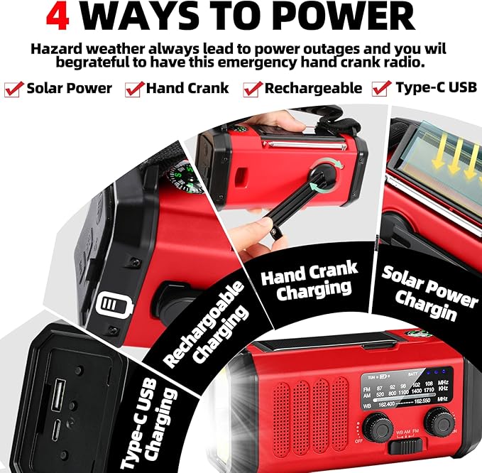 QAUYYW Emergency Weather Radio,37000mWh Portable NOAA/AM/FM Crank Radio, Reading Light, Solar Radio, SOS Emergency Flashlight, Multiple Power Sources,for Hurricanes and Emergencies