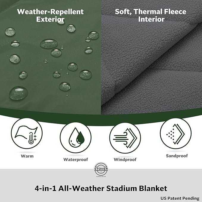 STOVER Large Waterproof Outdoor Stadium Blanket- Extra Thick Soft Fleece Camping Blanket for Travel, Picnics, Sports, Dogs 79"x55", Warm, Windproof, Sand-Proof, Lightweight, Packable (Game Day Green)