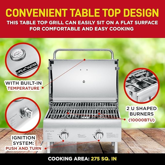 Lifemaster Portable Stainless Steel Gas Grill - 2 Burners Easy Clean Tabletop BBQ Propane Gas Grill with Foldable Legs and Wind Proof Lid for Camping and Outdoor - Silver