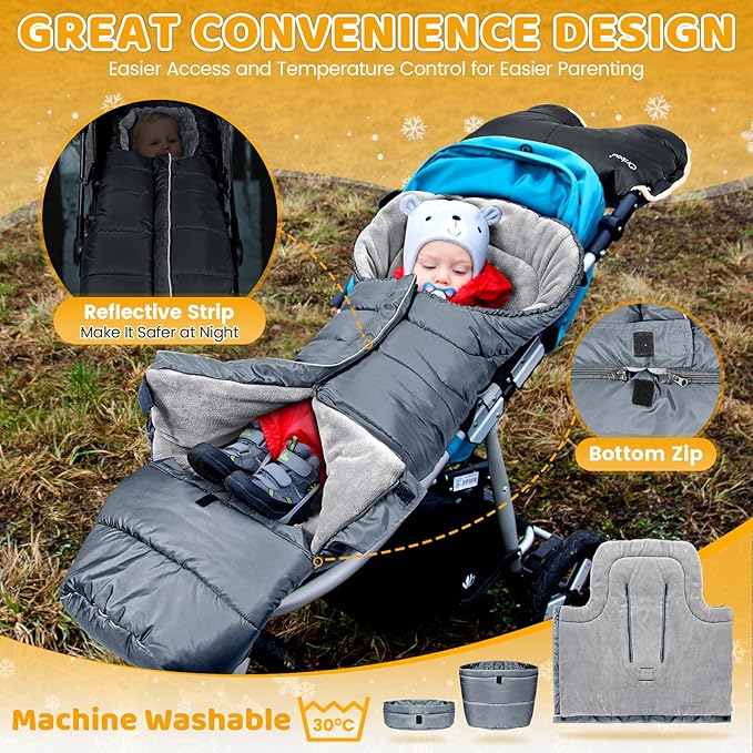 Orzbow Universal Stroller Bunting Bag with Extra Footmuff for Toddler, Kids, Warm Waterproof Stroller Blanket, Winter Cover, Baby Bunting Bag - Protect Babies from Cold Winds, Grey