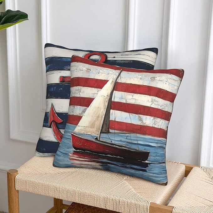 Striped Nautical Throw Pillow Covers 18x18 inch Set of 2 Boat Anchor Pillow Case Cushion Cover for Home Sofa Couch Living Room Car Decor