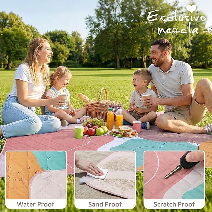 Exclusivo Mezcla Waterproof Picnic Blankets 60x80 Inch, 3 Layer Extra Large, Sandproof and Foldable Outdoor Blanket for Beach Camping, Park and Travel