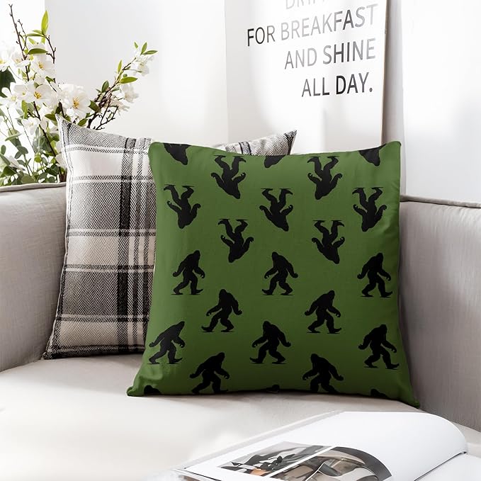 Retro Dark Green Sasquatch Pillow Covers 18x18, Big Foot Sasquatch Gifts, Gifts for Hiking Camping Lovers Decorative Pillow Covers for Home Bedroom Living Room