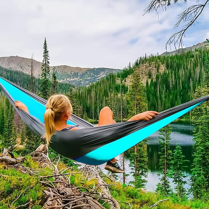 Pro Venture Double Camping Hammock - 10.5 x 6.5 FT (9ft Tree Straps, 2 Carabiners) - 2 Person, Portable, Lightweight Parachute Nylon 210T Hammocks - for Backpacking, Travel, Hiking, Patio (Double)…