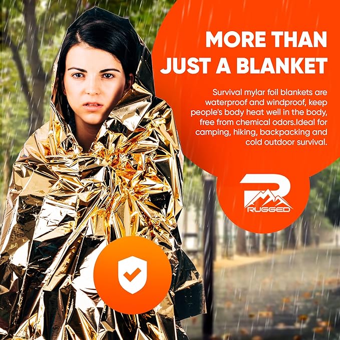 Survival Blankets - Waterproof & Windproof Emergency Cover, Reflective Exterior - Helps Retain Body Heat - 12 Microns, Compact & Lightweight - 5-Pack, 4 Silver, 1 Gold - 52x82”, 2oz