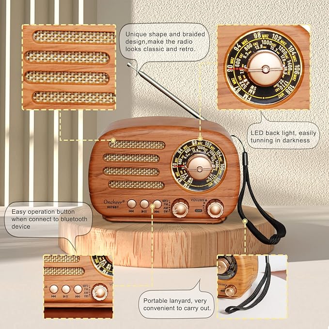 Oncheer Portable Vintage Radio Retro Bluetooth Speaker, FM/AM/SW Old Fashion Classic Style, Adjustable Antenna, Rechargeable Battery Powered & USB Charging, Support TF Card, USB Mp3 Playing Music