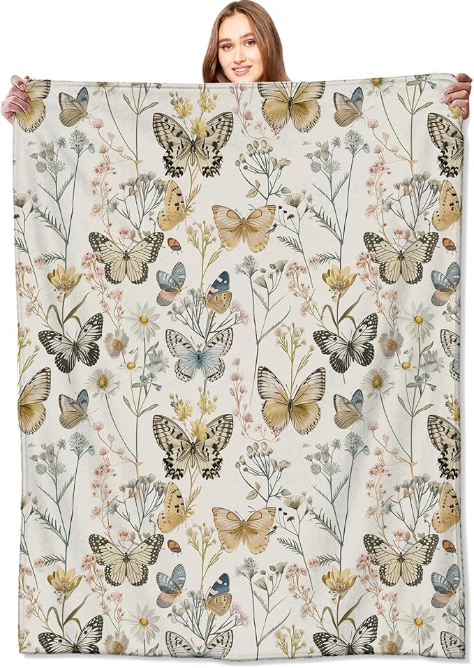 Vintage Butterfly Floral Blanket Elegant Retro Wildflowers Throw Blankets Gifts for Girls Women Adults Lightweight Soft Fleece Cozy for Sofa Couch Bed Room Travel Birthday Party Decor 40x50in