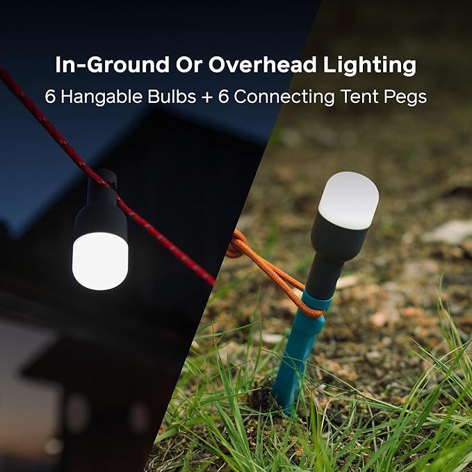 MPOWERD Luci Solar Site Lights: Stringless String Lights, Six Detachable Mini Camping Lights with Tent Stakes and Charging Case | Lights 1,000 sq ft | Rechargeable via Solar and USB | Lasts 20 Hours
