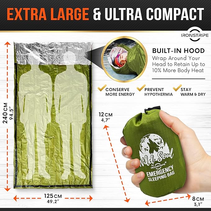 Ironstripe Bivy Sack XL Waterproof Survival Sleeping Bag with Emergency Whistle, Built-in Hood & Thermal Mylar - Tear & Puncture-Resistant