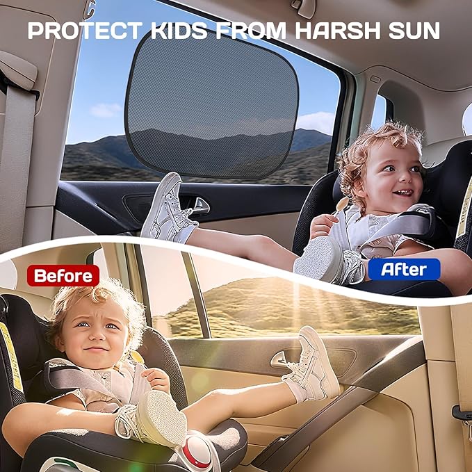Car Window Shades for Baby, 4PCS 20"x12" Static Cling Window Shade, Window Covers for Side Front Back Windows, Blocks UV, Universal Fit, Pop Open Design